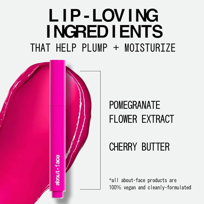 about-face Cherry Pick Lip Color Butter – High-Shine, Hydrating Lip Balm with Pomegranate Flower Extract & Cherry Butter – Vegan, Cruelty-Free, Clean Beauty – 0.06 oz (Dragonfruit Fusion, Hot Fuschia)