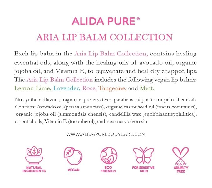 Aria Lip Balm Collection, Vegan Set, Beeswax Free, with Organic Jojoba and Avocado Oil, Vitamin E, Natural Moisturizer for Dry, Chapped Lips, 5 Tube Set