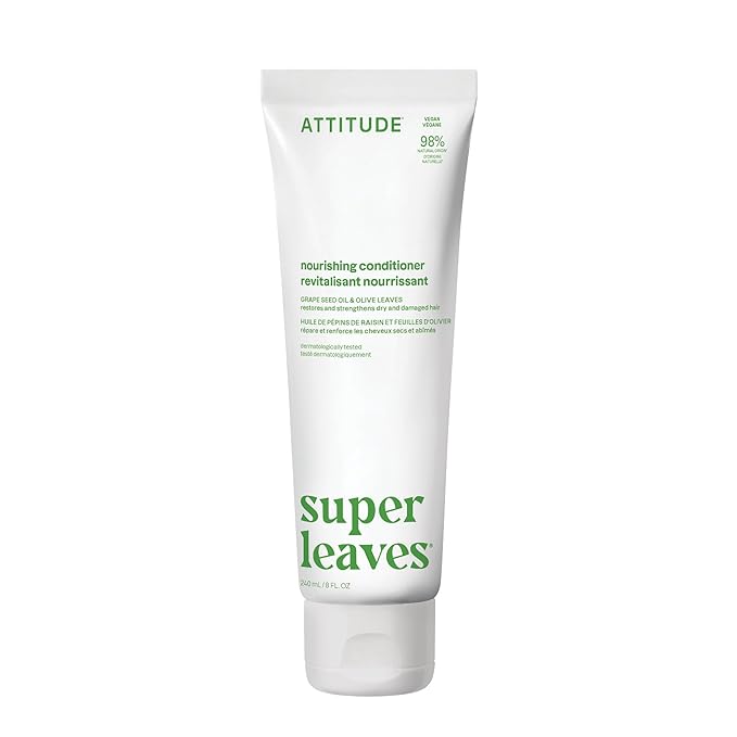ATTITUDE Nourishing Hair Conditioner, For Dry and Damaged Hair, Naturally Derived Ingredients, Vegan Detangler, Dermatologically Tested, Grapeseed Oil and Olive Leaves, 8 Fl Oz