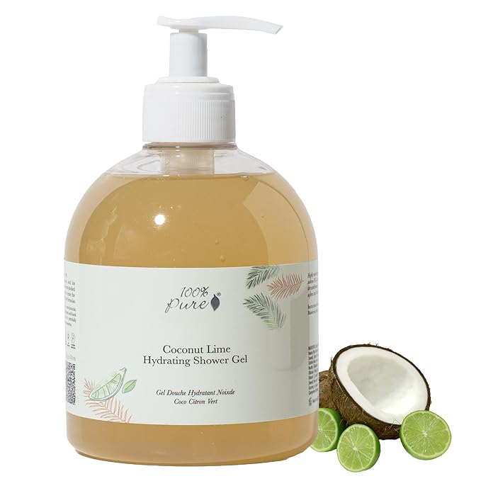 100% PURE Coconut Lime Shower Gel Natural Foaming & Hydrating Body Wash - Deeply Moisturizing Gentle Soap Cleanser for All Skin Types, Even Sensitive - Gluten-Free - 16 Fl Oz