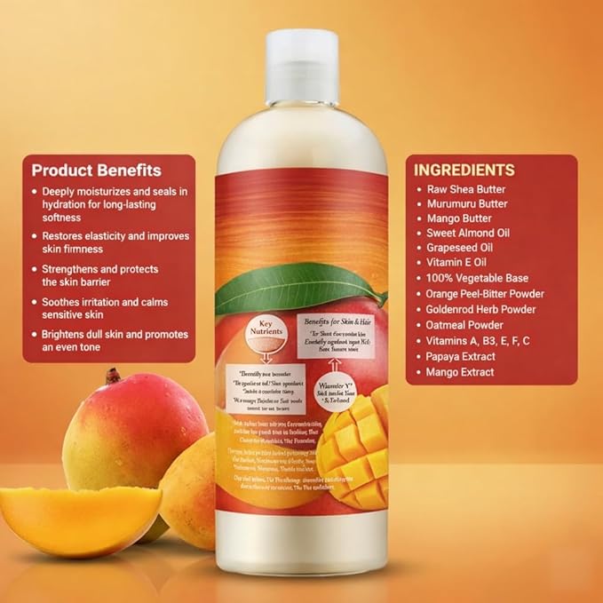 Mango Butter Extreme Body Lotion with Vitamin B3, Orange Peel, Shea Butter, Anti-Aging Formula