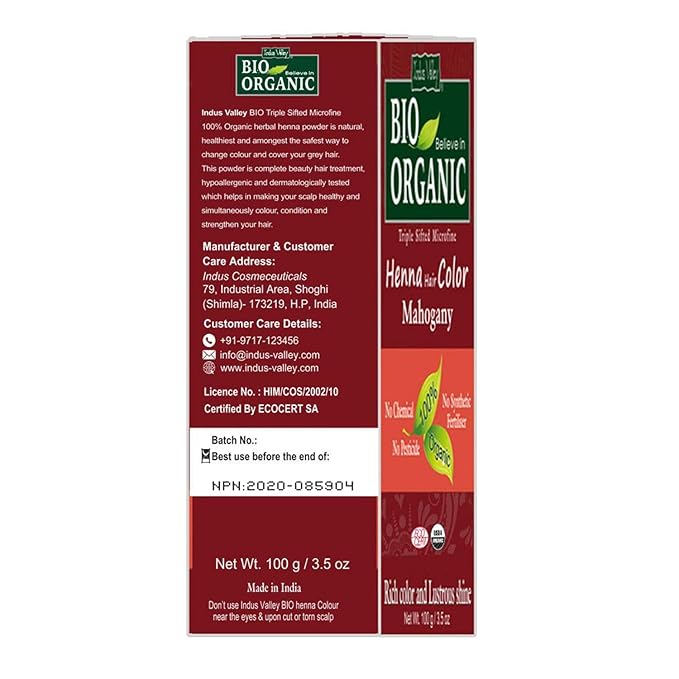 Indus Valley Bio Organic Natural Henna Hair Color Mahogany 100gm| 100% Gray Hair Coverage And Long Lasting Hair Dye | Vegan and Cruelty-Free | Plant Based Ingradients Hair Color