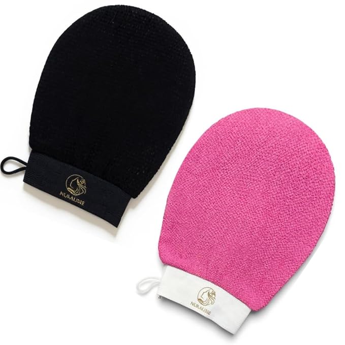 Skincare Premium Exfoliating Mitt – Vegan Viscose exfoliating Kessa Glove for Self-Tan Removal, Keratosis Pilaris & Smooth, Radiant Skin (Black & Pink, 2 Mitts)