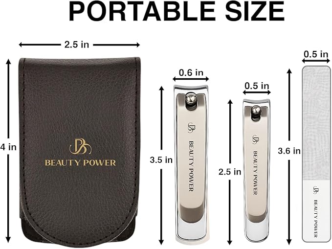 Nail Clippers Set 3 in 1 - Stainless Steel Toe Nail Clippers, Fingernail Clipper, Glass Nail File, Anti Splash, Ergonomic Grip in Black PU Leather Travel Case for Men & Women - Gift Idea