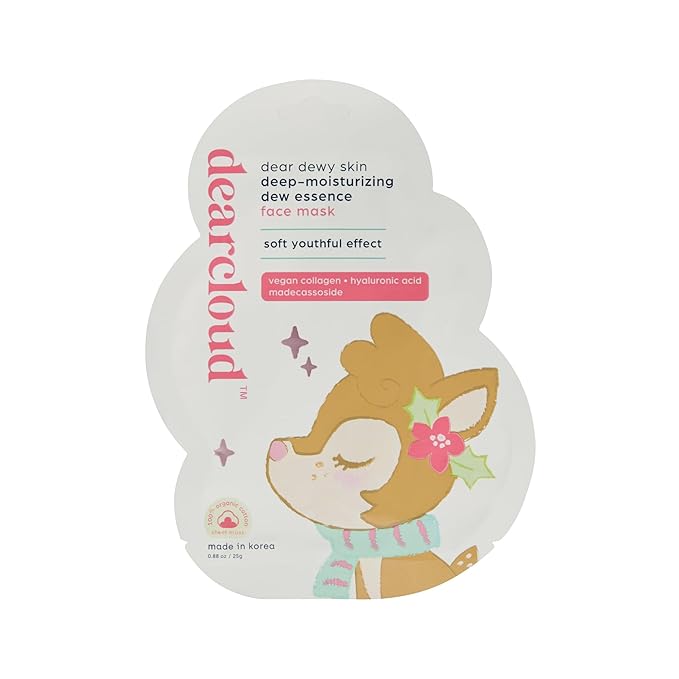 dearcloud Dear Dewy Skin Deep Moisturizing Dew Essence Face Mask, Korean Sheet Mask - Vegan Collagen, Hyaluronic Acid & Madecassoside (3 Count)