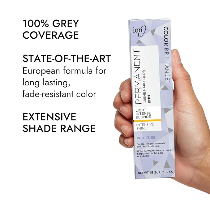 ion Permanent Creme Hair Color 8NN Light Intense Blonde, Vegan, Cruelty Free, PPD Free, 100% Gray Coverage, LongLasting, FadeResistant Color, 2.05 oz