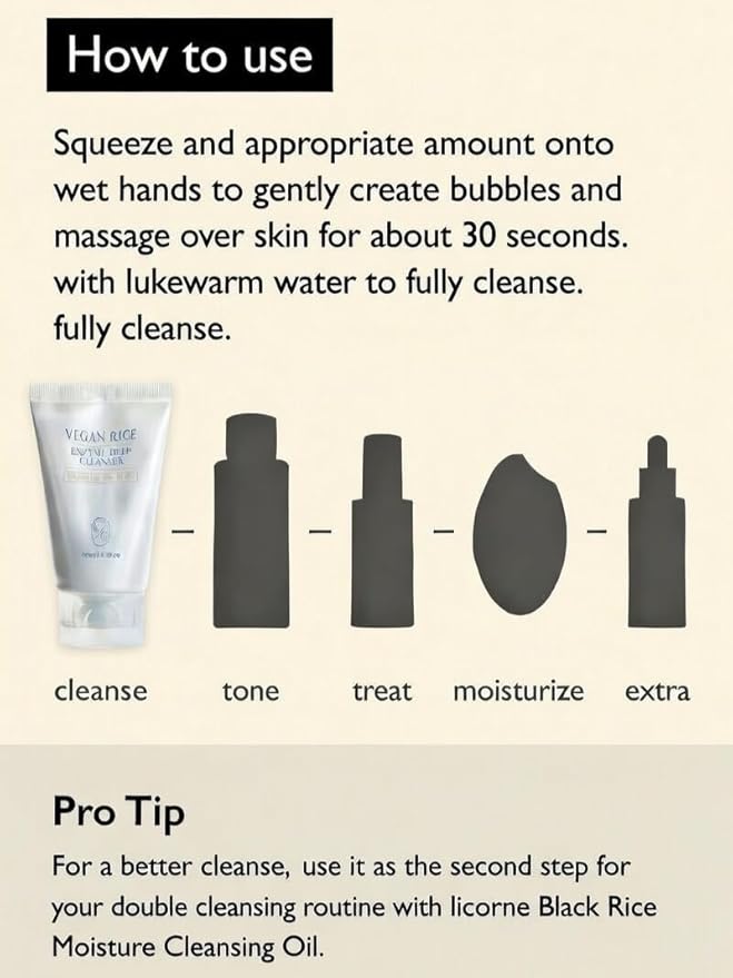 LICORNE Vegan Rice Enzyme Purifying Cleanser (3.38 fl oz) - Exfoliating Face Wash for Pores & Blackheads - Korean Rice Water Foam Cleanser - Deep Pore Purifying & Makeup Remover for Radiant Glow