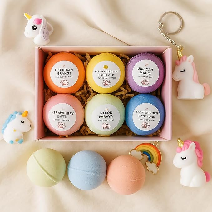 Organic Unicorn Bath Bombs for Girls with Surprise Toys Inside for Kids | Cute Unicorn Ring, Keychain, Necklace, Toys and Bonus Unicorn Purse - Christmas Gift Set Bath Balls with Unicorn Toys Inside