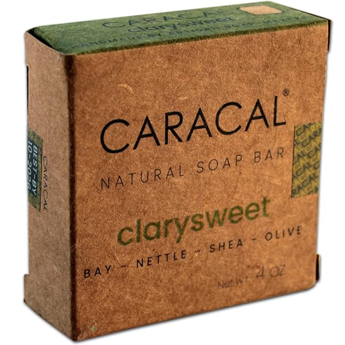 CARACAL Clarysweet Vegan Herbal Natural Soap Bar for Men Women, Strong Woodsy Bay Laurel, Clary Sage, Nettle, Olive, Castor Oils & Shea Butter