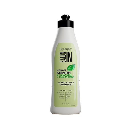 Salon In by Recamier - Vegan Keratin Hair Treatment | Vegan Keratin, Collagen & Semi Di Lino Ultra Active Hair Treatment | 17.6 oz / 500 g