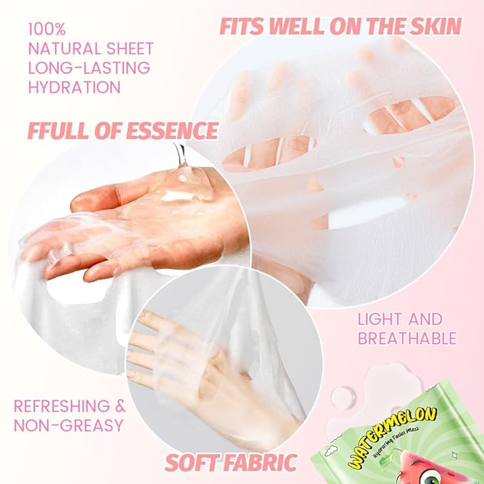 Kaely 12 Pack Watermelon Face Masks for Kids, Kids Face Mask Spa Day Kit Supplies, Spa Party Favors for Teens Girls Women, Sheet Facial Mask Skincare Gifts Set, Moisturize for All Skin Types, 07