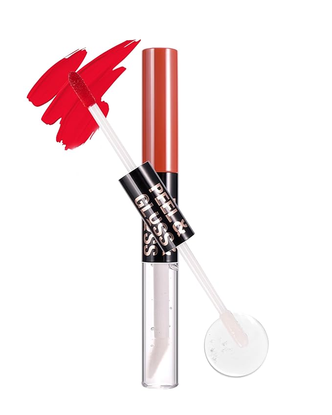 2 In 1 Peel Off Lip Stain Oil Set, Dual Ended Waterproof Long Wear Tattoo Lipliner with Clear Lip Gloss, Transfer-Proof and Non Sticky Peel Off Lips Tint Stain, Matte & Mirror Finish Lipstick-03