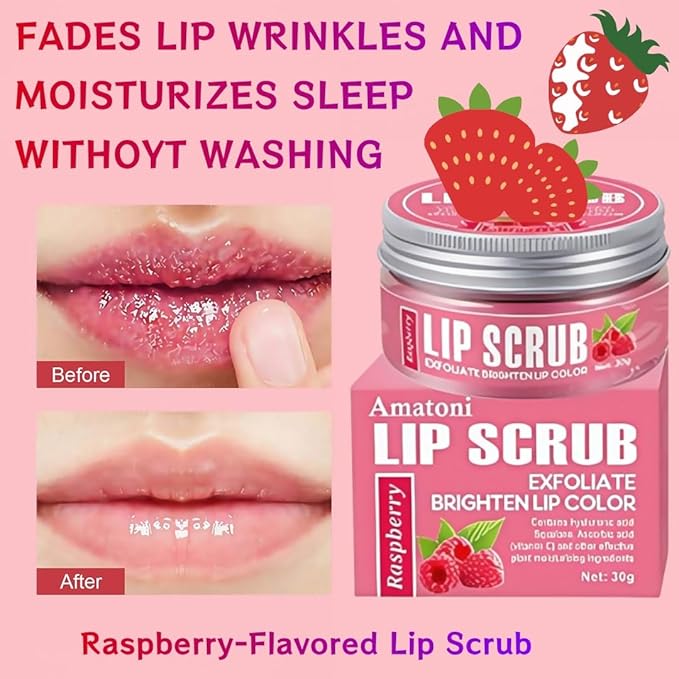 4-Color Fruit-Flavored Lip Scrub for Dry, Cracked & Dark Lips – Exfoliating & Moisturizing Lip Care with Organic Ingredients, Lip Brush – Vegan, Cruelty-Free (20g) (Raspberry flavor, 1PC)