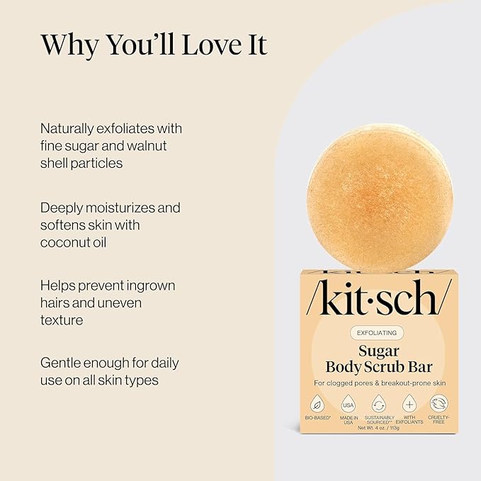 Kitsch Exfoliating Sugar Body Scrub Bar Soap – Polishing Soap Bar with Granules, Walnut Shell & Coconut Oil – Hydrating Exfoliating Body Scrub for Smooth, Glowing Skin Care – Made in the USA - 4 oz