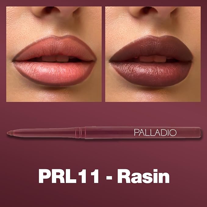 Palladio Retractable Waterproof Lip Liner High Pigmented and Creamy Color Slim Twist Up Smudge Proof Formula with Long Lasting All Day Wear No Sharpener Required, Raisin