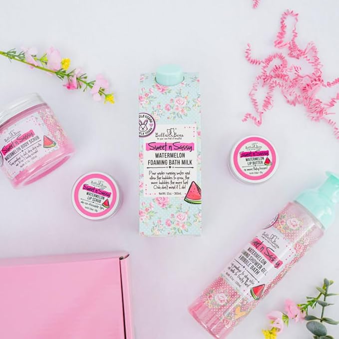 Bella & Bear Sweet 'n' Sassy Watermelon Mega Bath & Body Gift Set with Foaming Shower Gel & Bubble Bath, Bath Milk, Body Scrub & Lip Scrub and Lip Butter Great Gifts for Women