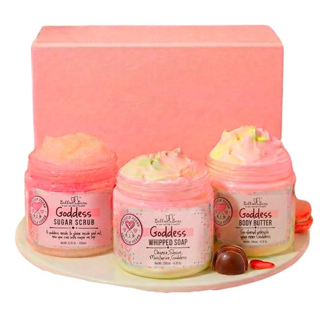 Bella & Bear Goddess Valentines Love Yourself Ritual – Whipped Soap, Body Scrub & Body Butter Set, Tropical Scent, Vegan & Cruelty-Free Self Care Gift for Women