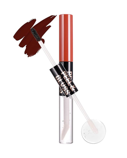 2 In 1 Peel Off Lip Stain Oil Set, Dual Ended Waterproof Long Wear Tattoo Lipliner with Clear Lip Gloss, Transfer-Proof and Non Sticky Peel Off Lips Tint Stain, Matte & Mirror Finish Lipstick-06