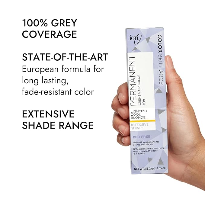 Ion Permanent Creme Hair Color 10V Lightest Cool Blonde, Vegan, Cruelty Free, PPD Free, 100% Gray Coverage, Long Lasting, Fade Resistant Color, 2.05 oz