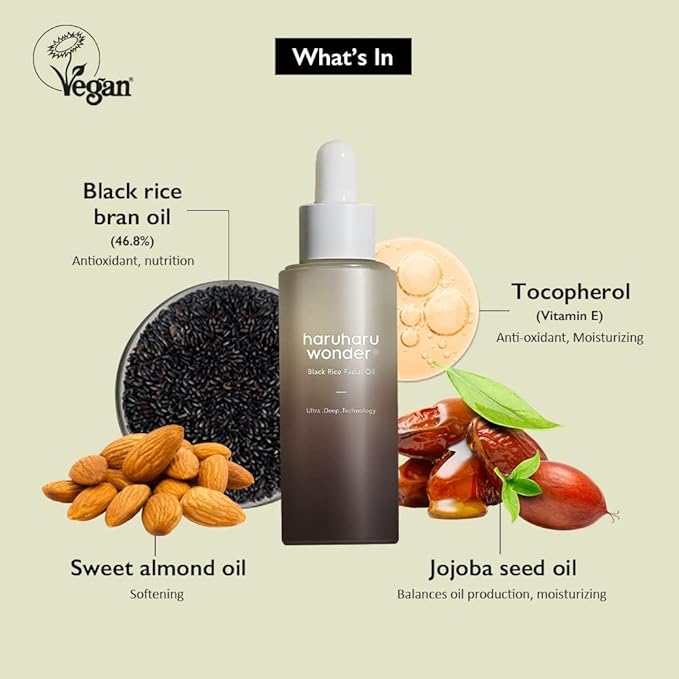 HARUHARU wonder Black Rice Facial Oil, Fast Absorbing, Radiant Skin, For all type of skin, Vitamin E Korean Skicare, Vegan, 1.01 fl oz