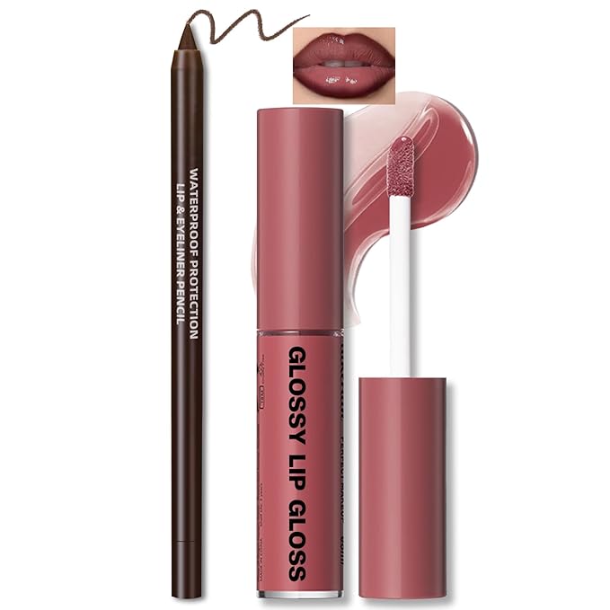 Nourishing Lip Gloss Moisturizing High Shine Fresh Lightweight Glossy Plumping Lip Combo for Women, Long Wear Lip Glow Oil with Brown Lip Liner Set Non-Sticky Liquid Lipstick Makeup#12