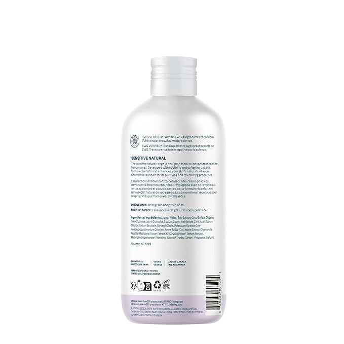 ATTITUDE Body Wash for Sensitive Skin with Oat and Chamomile, EWG Verified, Dermatologically Tested, Vegan, 16 Fl Oz