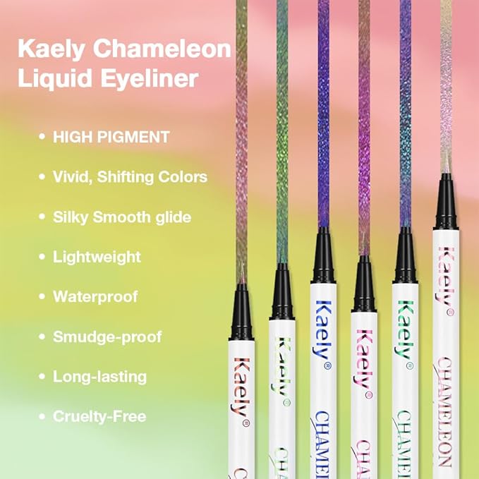 Kaely Chameleon Liquid Eyeliner, Glitter Metallic Chrome Eyeliner Liquid, Multichrome Eye Liner Waterproof Smudge Proof, High-Pigmented Makeup Looks, Quick-Drying, Cruelty-free, 06 Iridescent Pink