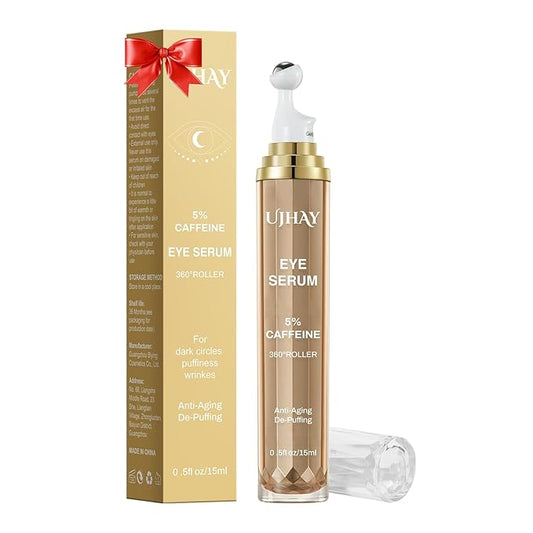5% Caffeine Eye Cream, Under Eye Serum for Dark Circles, Puffiness & Wrinkles Fine Lines, Eye Roller Serum with 360° Massage Ball, Eye Treatment Balm for Men & Women
