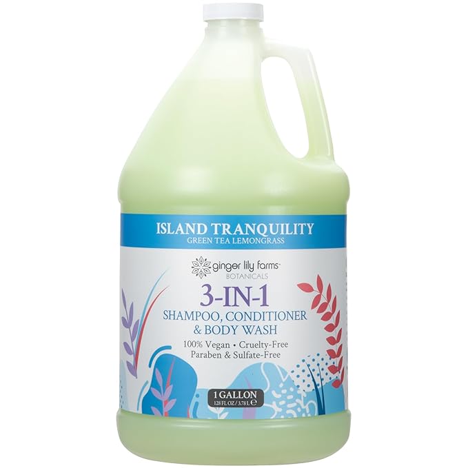 Ginger Lily Farms Botanicals 3-in-1 Shampoo, Conditioner & Body Wash, Island Tranquility, 100% Vegan & Cruelty-Free, Green Tea Lemongrass Scent, 1 Gallon (Pack of 4)