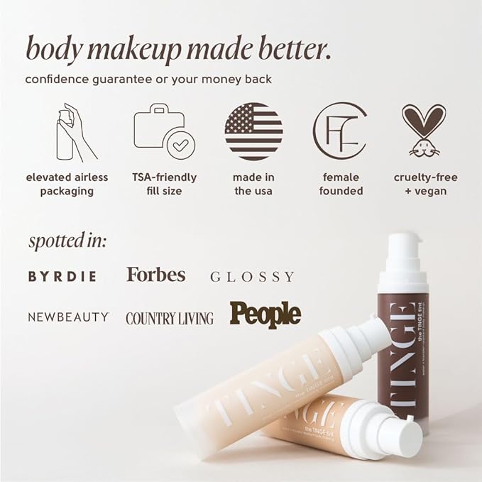 Tinge Body Makeup, Water & Transfer Resistant, Medium Coverage Cream, Lasts Up to 48 Hours, For All Skin Types, Fragrance Free, Vegan, American Made, 3.38 Fl Oz. - Tan Warm