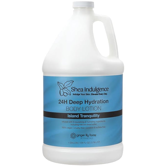 Ginger Lily Farms Botanicals Shea Indulgence 24H Deep Hydration Body Lotion, Island Tranquility, 100% Vegan & Cruelty-Free, Green Tea & Lemongrass Scent, 1 Gallon (128 fl oz) Refill