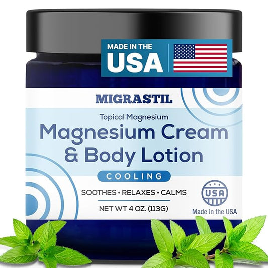 MIGRASTIL Cooling Magnesium Cream & Body Lotion - Promotes Sleep and Soothing Relief for Sore Muscles, Leg Discomfort, Etc. 4oz. Made in The USA.