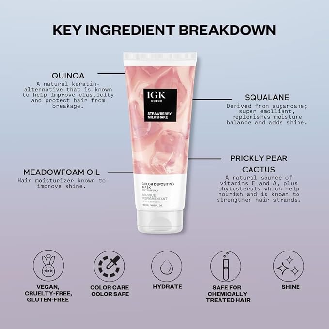 IGK Strawberry Milkshake Color Depositing + Conditioning Hair Mask | Soft Rose Gold - Pink Tones | Hydrating Semi-Permanent Gloss Toner Treatment
