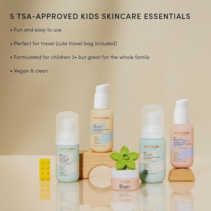 Evereden Kids Travel Essentials Set: Clean & Vegan 5-Piece Skin Care Travel Set for Kids | Body Wash, Lotion, Face Wash, Cream, 2-in-1 Shampoo & Conditioner | TSA-approved | Travel Size Toiletries