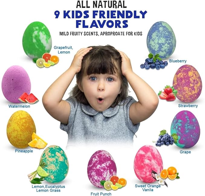 Bath Bombs for Kids with Surprise Toys Inside Plus Dinosaur Puzzle - Set of 9 Organic Dino Egg Bath Bombs with Rich Bubbles, Easter Basket Essentials