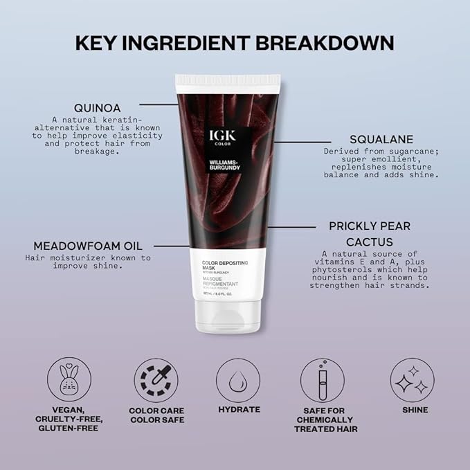 IGK Hair Gloss Toner & Depositing Mask + At-Home Color Tool Set | Williams Burgundy Intense Burgundy | Semi-Permanent Shine + Tone | Salon-Quality Application