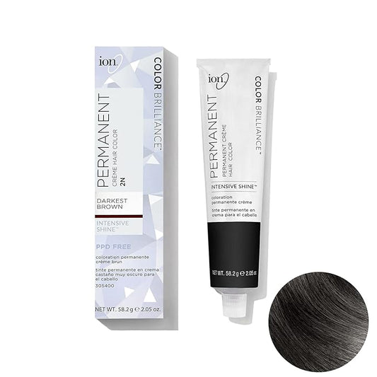 Ion Permanent Creme Hair Color 2N Darkest Brown, Vegan, Cruelty Free, PPD Free, 100% Gray Coverage, Long Lasting, Fade Resistant Color, 2.05 oz