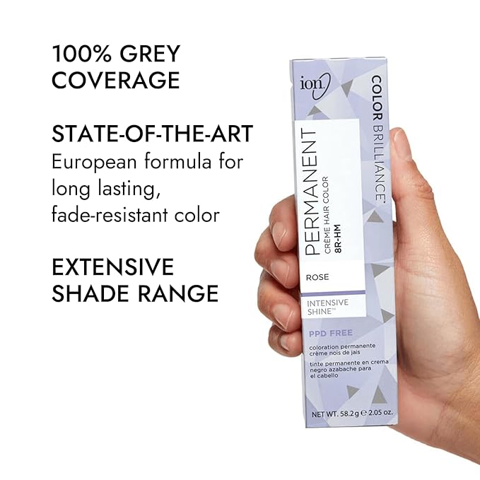 Ion 8R-HM Rose Color Brilliance Permanent Cream Hair Color, 100% Gray Coverage, Vegan, Cruelty Free, Low Ammonia, Paraphenylenediamine Free, Suitable for Rose Hair Color, 2 Ounce