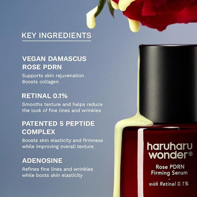 haruharu wonder Rose PDRN Firming Serum with Retinal 0.1%, Boost Collagen, Bulgarian Rose, Minimize Fine lines & Wrinkles, For Sensitive Skin, Fragrance Free, Korean Skincare, Vegan, 1.01 fl.oz