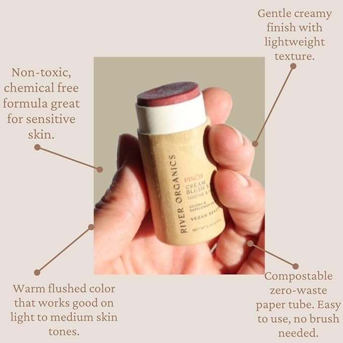 Vegan Blush Stick - Hydrating, Multi-Use Cream Blush for Cheeks, Natural, Organic, Plastic-free, packaging | River Organics 0.50 oz. (Pinch)