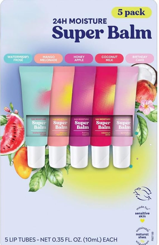 Vegan Super Balm Nourishing Lip Balm Set, 6 Flavors, Vegan Formula with Shea Butter and Avocado Oil, 24-Hour Moisturizing, Dermatologist Recommended