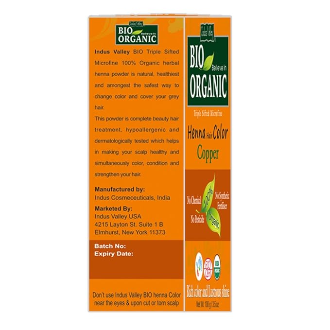Indus Valley Bio Organic Natural Henna Powder For Hair Dye Copper Brown- 3.5 oz