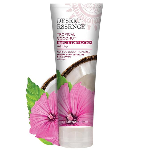 Desert Essence, Tropical Coconut Hand & Body Lotion 8 fl. oz. - Gluten Free - Vegan - Cruelty Free - Coconut Oil, Jojoba Oil & Vitamin E - Intense Hydration