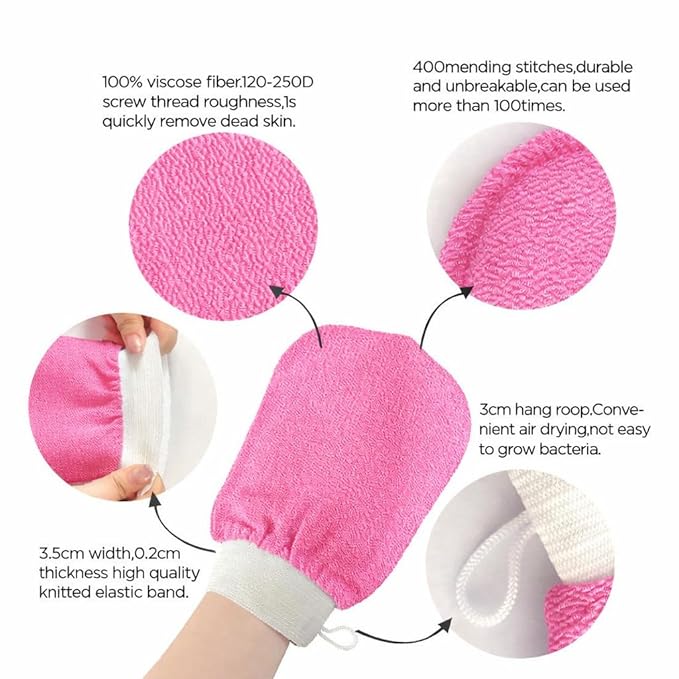 Skincare Premium Exfoliating Mitt – Vegan Viscose exfoliating Kessa Glove for Self-Tan Removal, Keratosis Pilaris & Smooth, Radiant Skin (Black & Pink, 2 Mitts)
