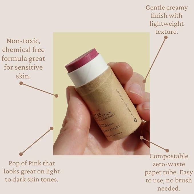 Vegan Blush Stick - Hydrating, Multi-Use Cream Blush for Cheeks, Natural, Organic ingredients, Plastic-free packaging | River Organics 0.50 oz. (Bloom)