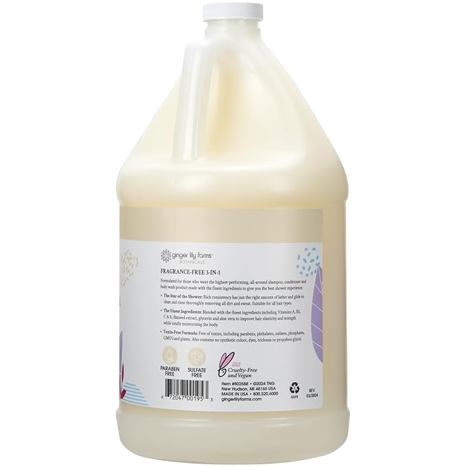 Ginger Lily Farms Botanicals 3-in-1 Shampoo, Conditioner & Body Wash, 100% Vegan & Cruelty-Free, Fragrance Free, 1 Gallon (128 fl oz) Refill