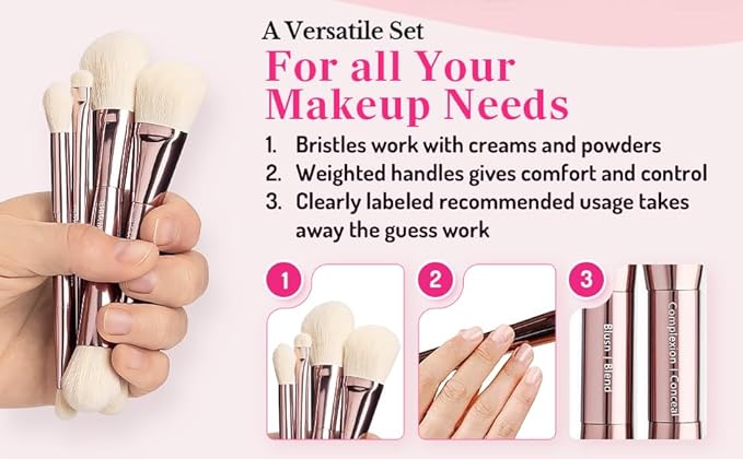Jenny Patinkin Luxury Sustainable Mini Dual-Ended Makeup Brush Set, 4 Piece Professional & Travel Makeup Brushes with Case, Vegan, Cruelty-Free Brush Kit for Face and Eyes, Eco Friendly, On-The-Go Use