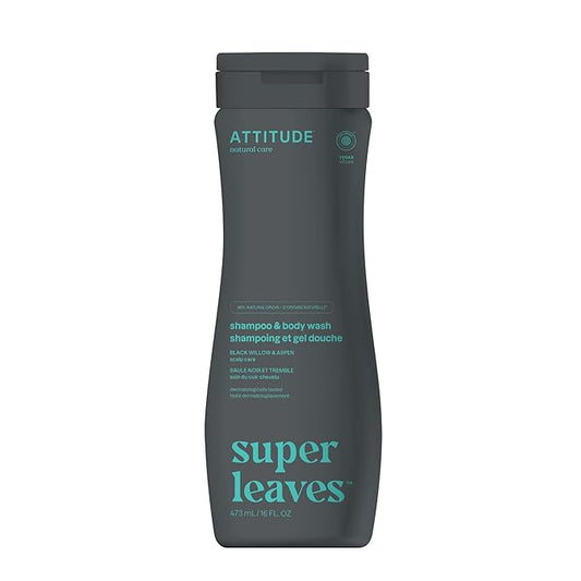 ATTITUDE 2-in-1 Body Wash and Hair Shampoo, EWG Verified Shower Gel, Dermatologically Tested, Made with Naturally Derived Ingredients, Vegan Personal Care, Black Willow and Aspen, 16 Fl Oz