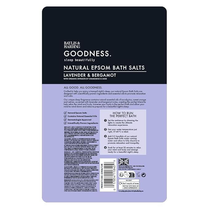 Baylis & Harding Goodness Sleep Lavender & Bergamot Epsom Salts 35.2 fl. oz (Pack of 4) - Vegan Friendly