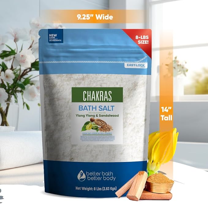 Chakras Bath Salt 128 Ounces (8 Lbs) Epsom Salt with Natural Ylang Ylang and Sandalwood Essential Oils Plus Vitamin C in BPA Free Pouch with Easy Press Lock Seal Made in USA